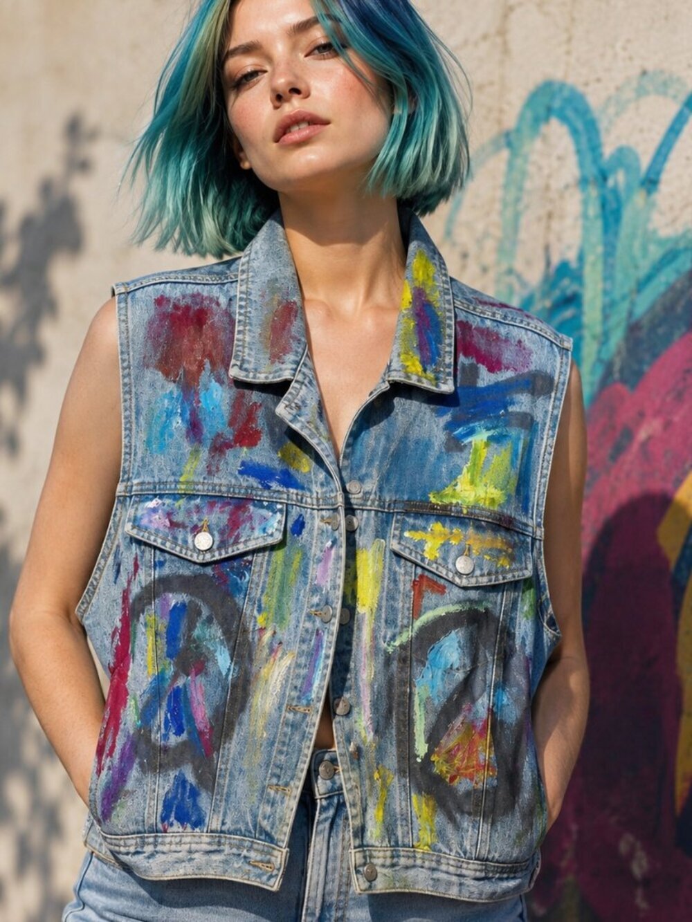 JONES JEANS Denim Vest Skull Peace Sign Size XL Upcycled Handpainted - Picture 1 of 8